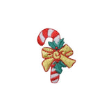 Embroidered patch of a candy cane with a gold bow on a white background