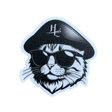 A vinyl decal of a cartoon cat wearing sunglasses and a black hat.