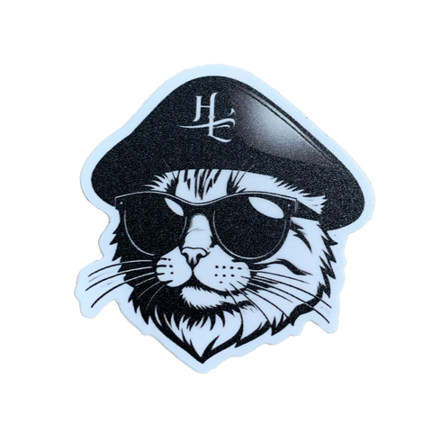A vinyl decal of a cartoon cat wearing sunglasses and a black hat.