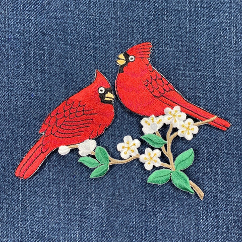 Two Cardinals On A Branch Applique Patch - Embroidered Bird Badge 5.25" (Iron On)