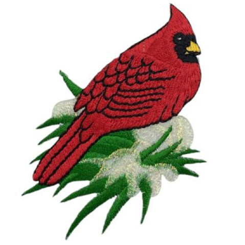 Cardinal On Snowy Branch Applique Patch - Bird Snow Pine Needles Embroidered Badge 3.25" (Iron on)