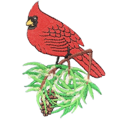 Cardinal On Snowy Branch Applique Patch - Bird Snow Pine Cone & Needles Embroidered Badge 3.5" (Iron on)