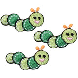 Three embroidered patches depicting green caterpillars with smiling faces, orange antennae, and black eyes