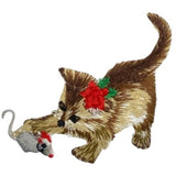 Christmas Kitten & Mouse Applique Patch - Embroidered Cat Badge 2.5" (Iron On)