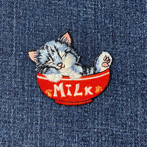 Cat Applique Patch - Embroidered Kitten & Milk Badge 2-1/8" (Iron On)