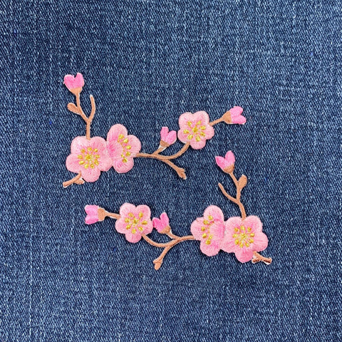2-Pack Cherry Blossom Applique Patch Set - Embroidered Flower Badge 3-1/8" (Iron On, Brown)