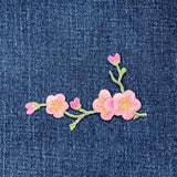 Cherry Blossom Applique Patch - Embroidered Flower Badge 3-1/8" (Iron On, Green/Left)