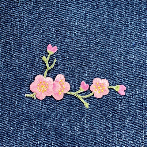 Cherry Blossom Applique Patch - Embroidered Flower Badge 3-1/8" (Iron On, Green/Right)
