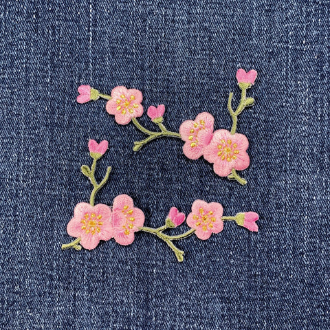 2-Pack Cherry Blossom Applique Patch Set - Embroidered Flower Badge 3-1/8" (Iron On, Green)