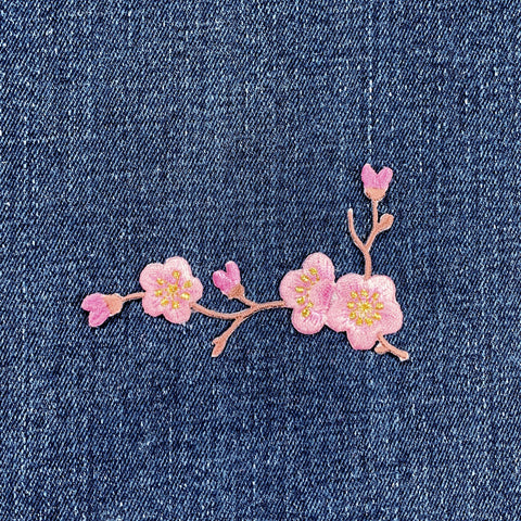 Cherry Blossom Applique Patch - Embroidered Flower Badge 3-1/8" (Iron On, Brown/Left)