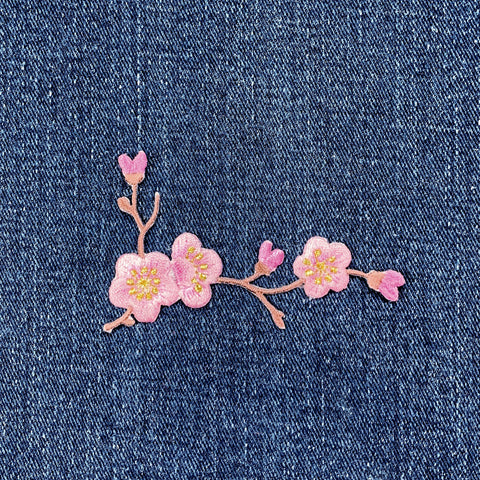 Cherry Blossom Applique Patch - Embroidered Flower Badge 3-1/8" (Iron On, Brown/Right)