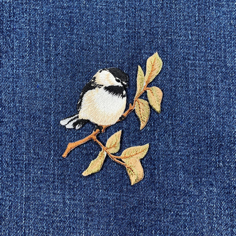 Chickadee Applique Patch - Embroidered Bird & Branch Badge 3.25" (Iron On)