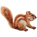 An embroidered chipmunk patch shown on a plain white background. 