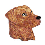 Embroidered dog patch on a white background