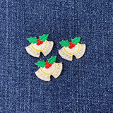 3-Pack White Bells Applique Patch - Mini Christmas Holly Embroidered Holiday Badge 3/4" (Iron On)
