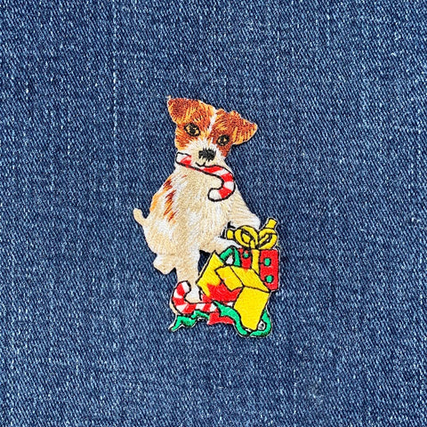 Christmas Dog Applique Patch - Puppy & Candy Cane Presents Embroidered Badge 2.5" (Iron On)
