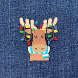 Moose & Christmas Lights Applique Patch - Embroidered Holiday Animal Badge 2.5" (Iron On)