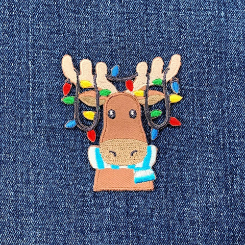 Moose & Christmas Lights Applique Patch - Embroidered Holiday Animal Badge 2.5" (Iron On)