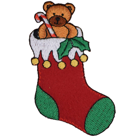 Christmas Stocking Applique Patch - Teddy Bear Holly Candy Cane 3.25" (Iron on)