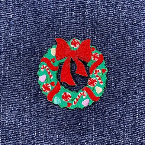 Christmas Wreath Applique Patch - Embroidered Peppermint Candy Cane Badge 2.25" (Iron On)