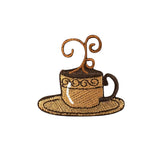 Embroidered patch of a coffee cup and saucer on a white background
