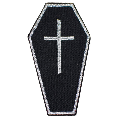 Silver & Black Coffin Applique Patch - Cross Mortuary Funeral Death Badge 2.5" (Iron or Sew On)