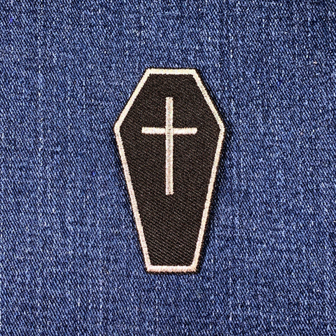 Coffin Applique Patch - Embroidered Jesus Cross Mortuary Funeral Badge 2.5" (Iron On)