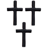 Three black cross applique patches with an embroidered design, intended for iron-on application.