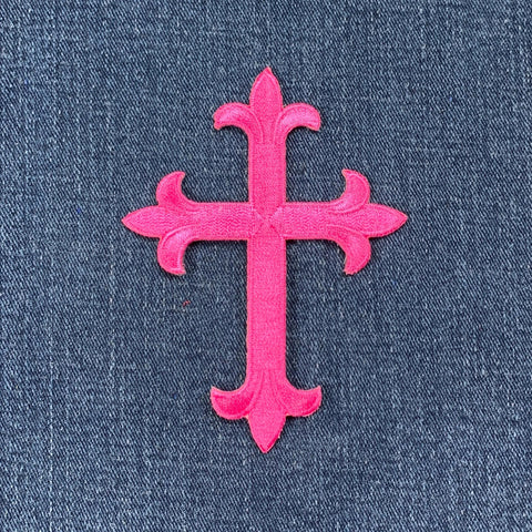 Cross Applique Patch - Embroidered Hot Pink Fuchsia Christian Jesus Badge 4" (Iron On)