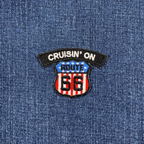 Patch on denim fabric with 'Cruisin' on Route 66' text