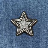 Crystal Star Applique Patch - Black White & Silver Embroidered Badge 2-7/8" (Iron Or Sew On)