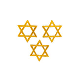 Three embroidered yellow Star of David patches arranged on a plain white background.