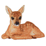 An embroidered patch depicting a baby deer, with a realistic design featuring details such as ears, eyes, and a lying pose.