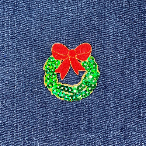 Christmas Wreath Applique Patch - Sequin Holiday Embroidered Badge 1-7/8" (Iron On)