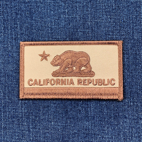 desert camo DCU California Republic patch on blue denim fabric