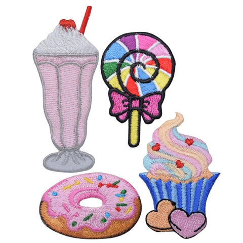 Dessert Applique Patch Set - Cupcake Milkshake Lollipop Donut Sprinkles Frosting Sweets Food Badge (4-Pack, Iron on)