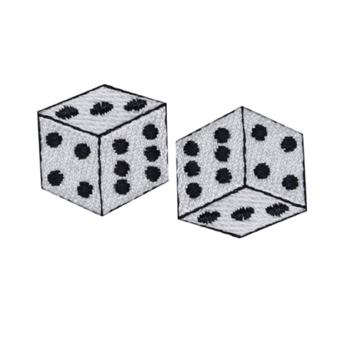 two embroidered dice patches on a white background