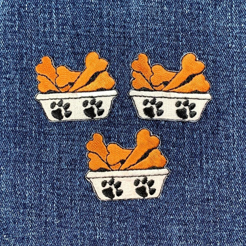 3-Pack Doggy Bowl Applique Patch - Pet Food Puppy Treats Embroidered Dog Bones Badge 1-3/8" (Iron On)