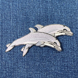 Pair Of Dolphins Applique Patch - Embroidered Animal Badge 3.75" (Iron On)