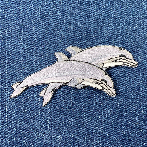 Pair Of Dolphins Applique Patch - Embroidered Animal Badge 3.75" (Iron On)