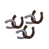 Set of three horseshoe patches with brown and silver colors on a white background