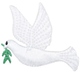 White dove patch with outstretched wings holding a green branch on a white background