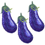 Three embroidered patches shaped like eggplants with purple bodies and green stems.