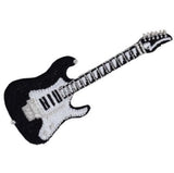 Black and white electric guitar-shaped patch on a white background