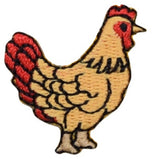 A small embroidered badge in the shape of a chicken applique, primarily yellow with red and black details.