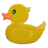 Yellow rubber duck with an orange beak on a white background