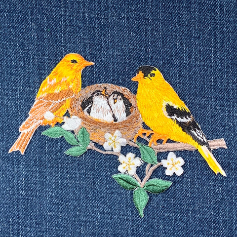Finch Nest & Chicks Applique Patch - Embroidered Goldfinch Baby Bird Badge 4.75" (Iron On)