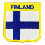 Embroidered patch with Finnish flag design and 'FINLAND' text on a yellow border.