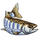 Embroidered patch of a fish with blue stripes on a white background