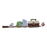 An embroidered patch depicting a whimsical fishing scene with a green hat, a blue fishing rod, a brown tackle box, and a small red-and-white floater, displayed onto a white background.
